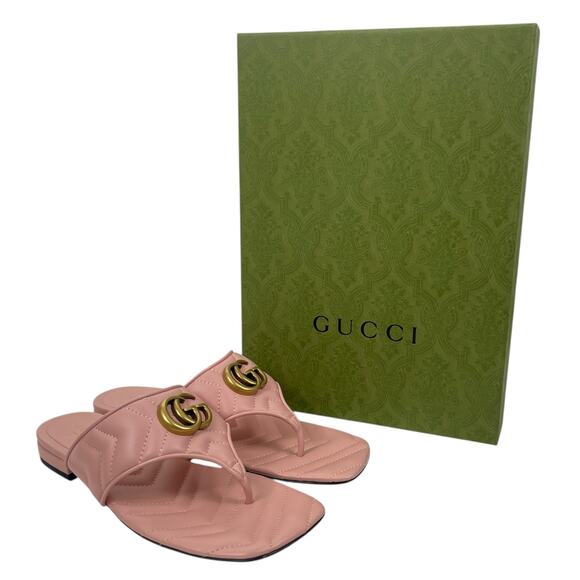 Gucci GG Logo Marmont Leather Thong Flat Sandals Pink Gold Size 37.5 - Picture 14 of 14